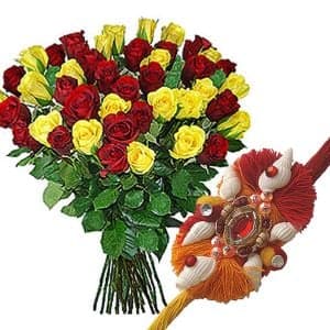 Red and Yellow Roses Bunch with Rakhi