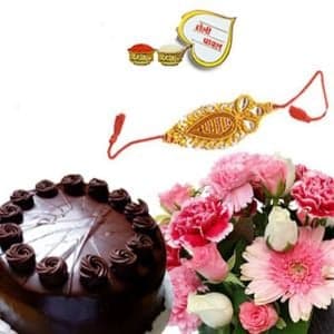 Rakhi with 1/2kg chocolate cake and 15 Flowers bunch