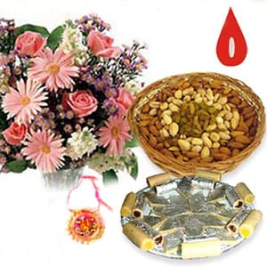 Mix Flowers with Kaju Katli and 500gm Dry Fruits with Rakhi