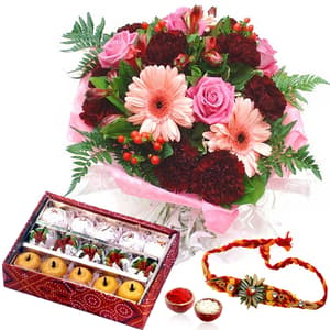 Rakhi with Mix Flowers and Mixed Sweet Box