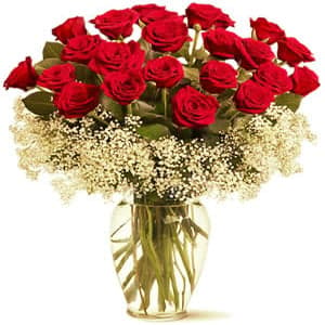 20 Red Long Stem Roses in Vase
