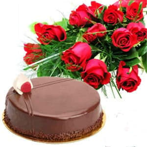 1Kg Chocolate Cake with 12 Red Roses