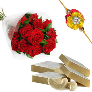 Rakhi with 12 Red Roses and 1/2Kg Kaju Katli Sweet Box