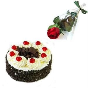 Single Red Rose With 1/2Kg Black Forest Cake