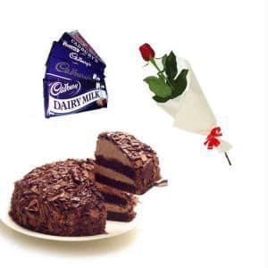 Chocolate Cake With Single Rose n Chocolates