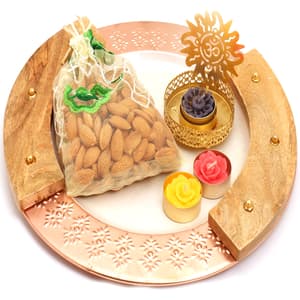 Wooden Copper Platter with Om T- Lite and almonds Pouch