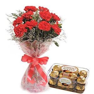 12 Red Carnations with16Pcs Ferrero Rocher Chocolates