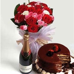 Mix Roses Bunch, 1/2Kg Chocolate Cake n Wine