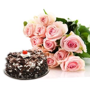 12 Pink Roses with 1/2 Kg Black Forest Cake