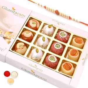 Assorted Sweets in White Box with Rudraksh Rakhi