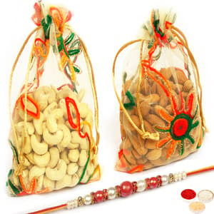 Almonds Cashews Net Pouch with Red Pearl Rakhi