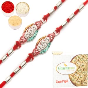 Set of 2 AARR426 Silver Rakhis with 200Gm Soan Papdi