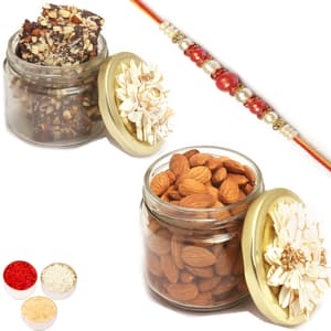 Almonds n Brittles Glass Jars with Red Pearl Rakhi