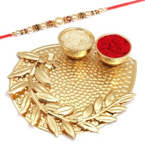Mini Golden Metal Pooja Thali with Pearl Rakhi