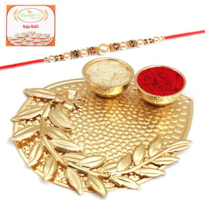 Mini Golden Metal Pooja Thali with Pearl Rakhi n 200Gm Kaju Katli