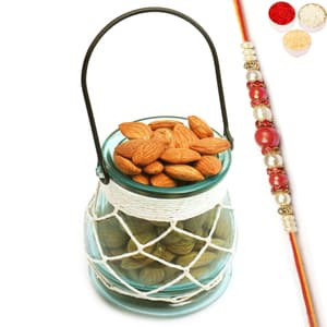 Glass T- Lite Holder with Almonds with Red Pearl Rakhi
