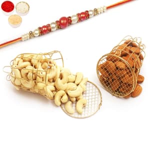 Golden Almonds and Cashews T-Lite Holders with Red Pearl Rakhi