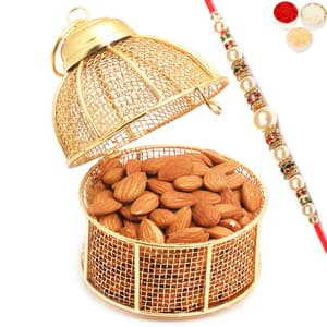 Golden Cage with Almonds with Pearl Rakhi