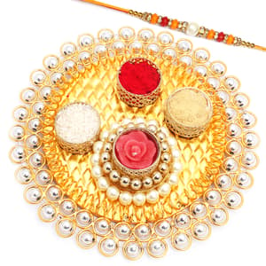 Golden Crystal Pooja Thali with Pearl Diamond Rakhi
