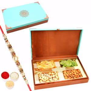 Green Wooden Assorted Dryfruit Box 400Gm with Pearl Rakhi