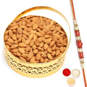 Round Golden Almonds Basket with Red Pearl Rakhi