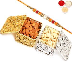 Silver and Gold Almonds and Cashews Boxes with Pearl Diamond Rakhi