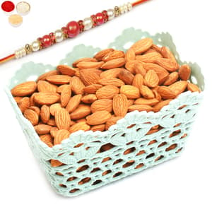 Small Blue Basket with Almonds with Red Pearl Rakhi