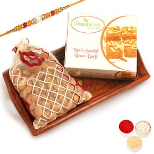 Small Wooden Serving Tray with  Besan Barfi and Almonds with Pearl Diamond Rakhi