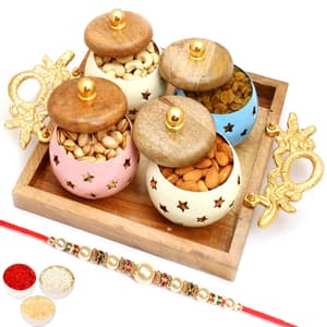 Square Wooden Platter with 4 Dryfruits Jars with Pearl Rakhi