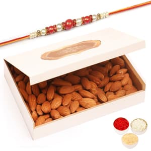White Wooden Almond  Box with Red Pearl Rakhi