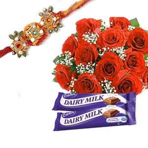 Rakhi with 12 Red Roses Bunch and Two Dairy Milk Chocolates