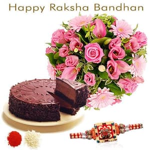 Pink Flowers with Rakhi n Chocolate Cake
