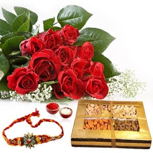 Rakhi with Red Roses n Dry Fruit Box