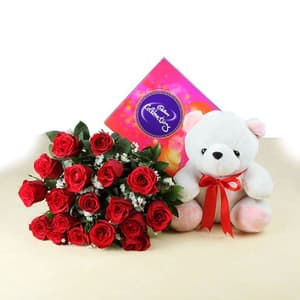 20 Red Roses with Celebration Chocolates and Teddy
