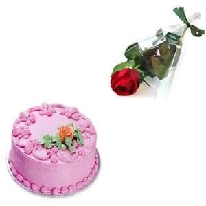 Single Red Rose with 1/2Kg Strawberry Cake