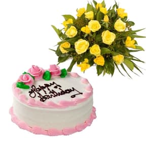 15 Yellow Roses With 1/2Kg Strawberry Cake