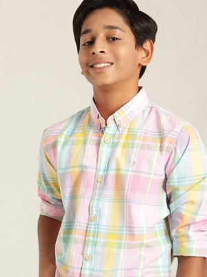 Boys Embroidery Checked Shirt 4-5Y / Grey / Short Sleeves