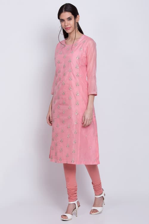 Poly Cotton Pink Color A-line Kurta for Women 