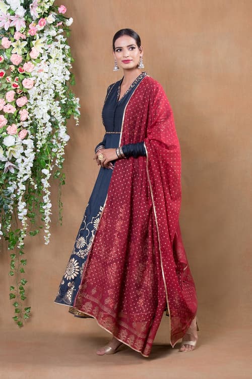 Buy Online Navy Blue Cotton Silk Anarkali Suit Set for Women & Girls at ...