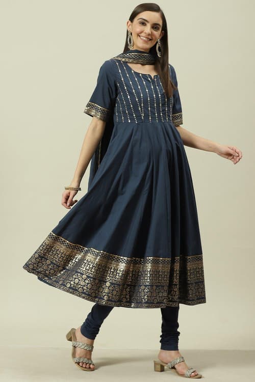 Buy online Navy Blue Embroidred Cotton Anarkali Suit Set for women at ...