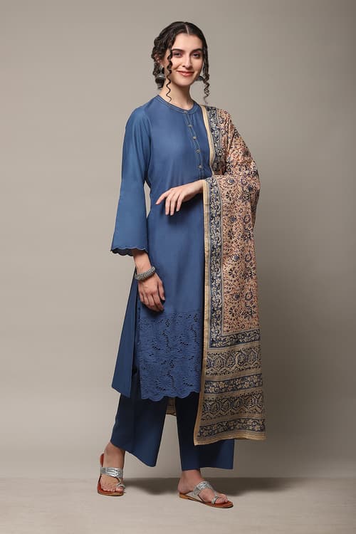 Buy online Blue Cotton Straight Suit Set for women at best price at ...