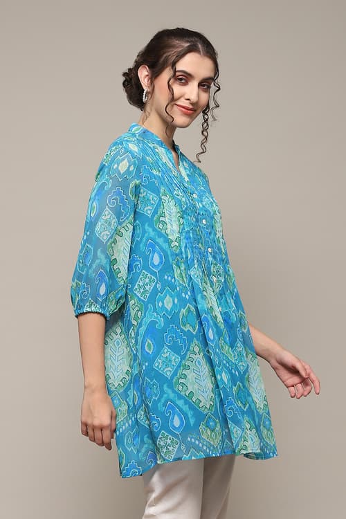 Buy online Turquoise Poly Georgette Straight Printed Kurta for women at ...