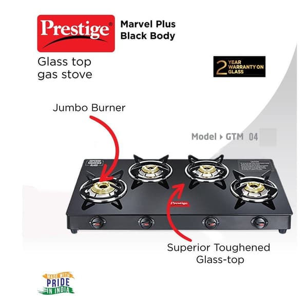 Prestige Marvel Plus 4 Burner Gas Stove, GTM -04, Black