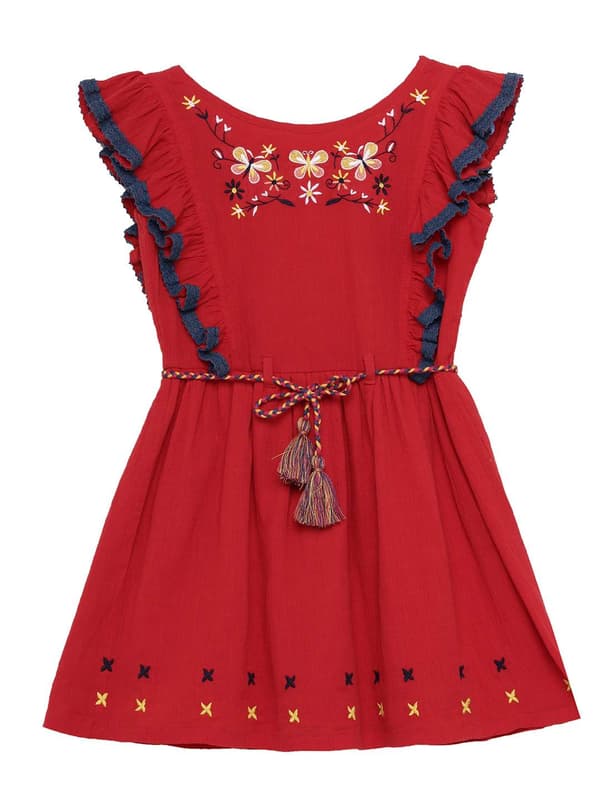Girls Solid Gauze Dress With Neck Embroidery & Lac