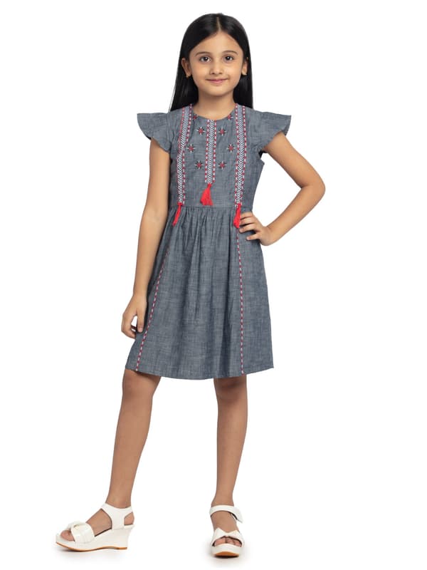 Girls Chambray Cap Sleeve Embroidered Gather Dress