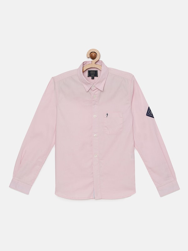 Boys Pink Regular Collar Solids Shirt