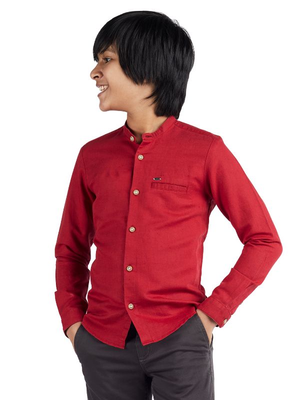 Playcation Solid Cotton Blend Shirt with Mandarin 