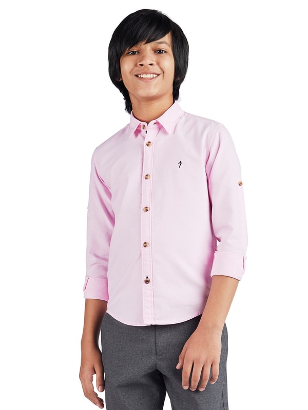 Boys Pink Solid Full Sleeve Cotton Shirt
