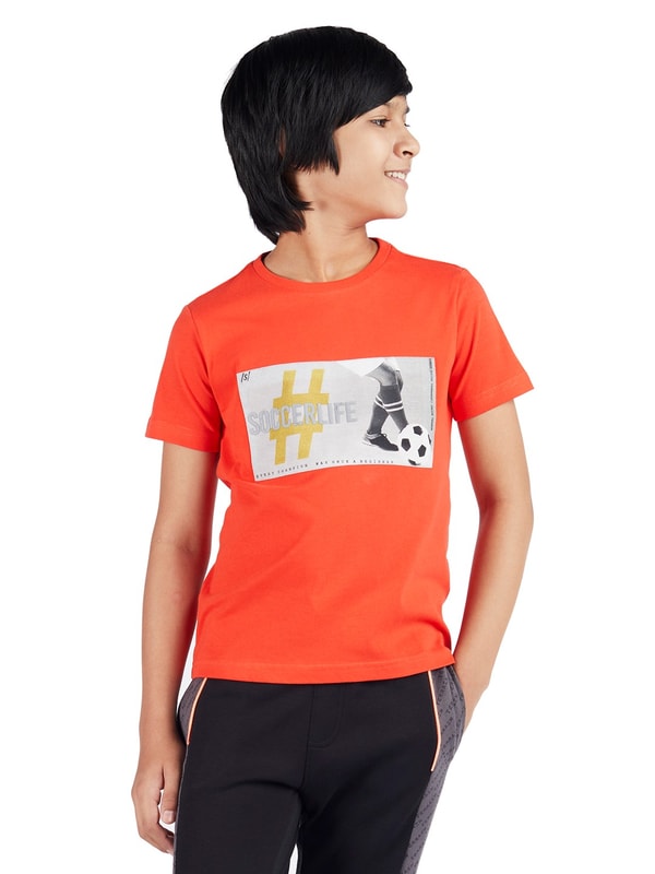 Boys Orange Solid Crew neck T-shirt