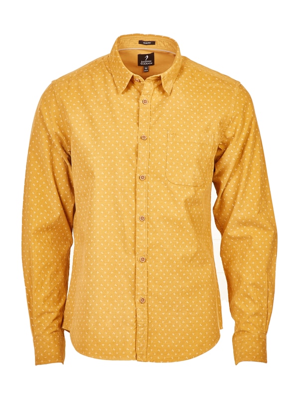 Mens Mustard Button Down Collar Prints Shirt
